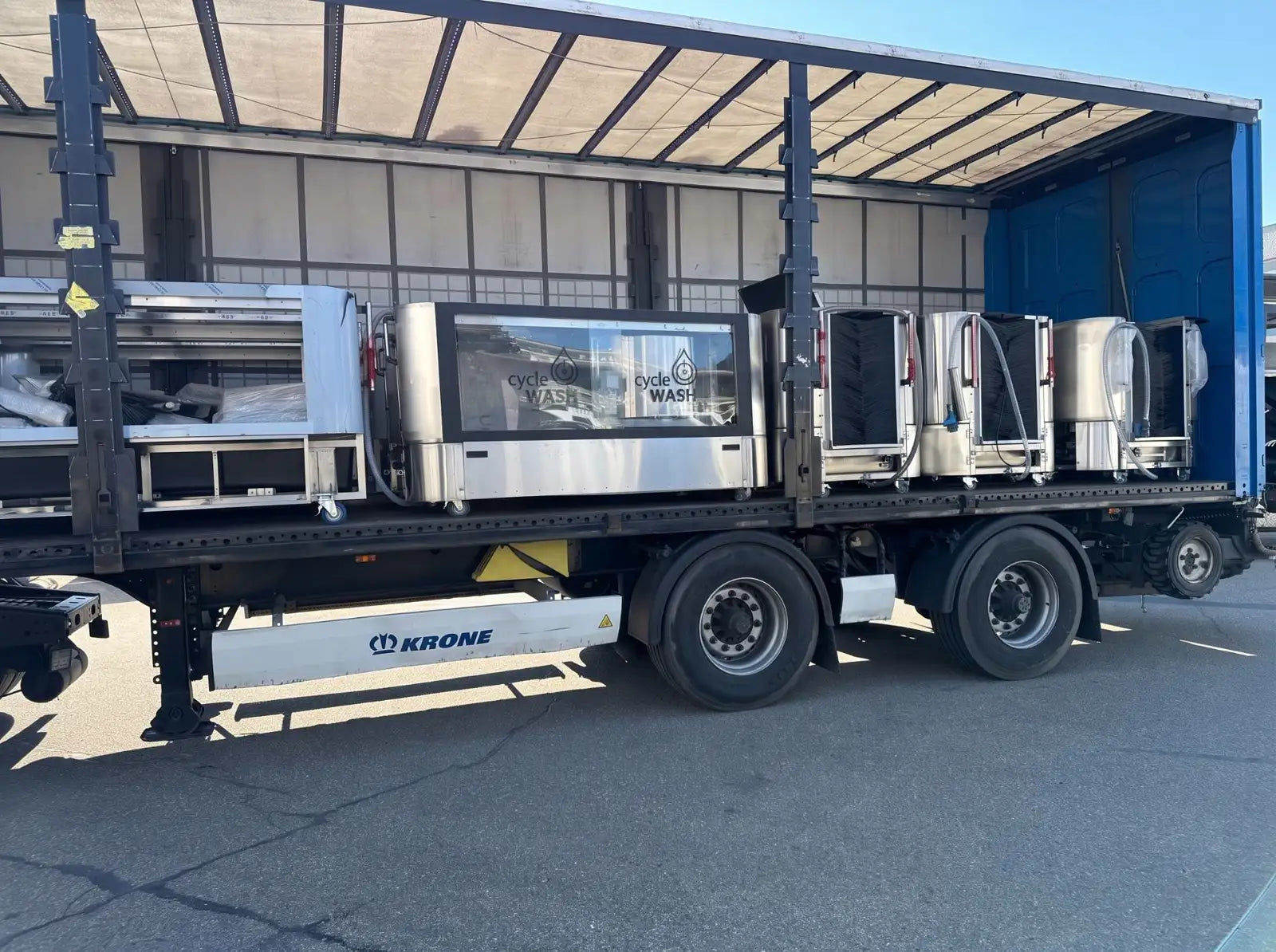 cycleWASH machines loaded on a curtainsider trailer, ready to leave the works