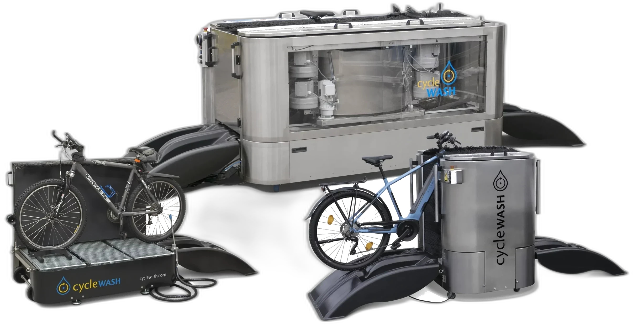 cycleWASH product range — Mini, Mini Basic and Pro bicycle washing systems