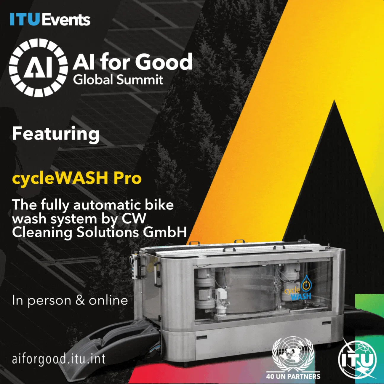 AI for Good Global Summit featuring the cycleWASH Pro, the fully automatic bike wash system by CW Cleaning Solutions GmbH