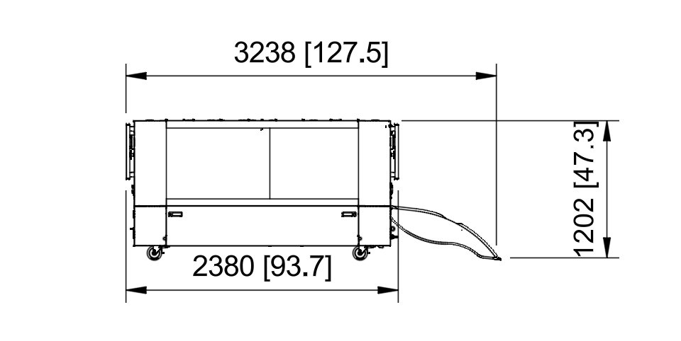 cycleWASH Pro side technical drawing &mdash; one ramp configuration, 3238 &times; 1202 mm, base 2380 mm