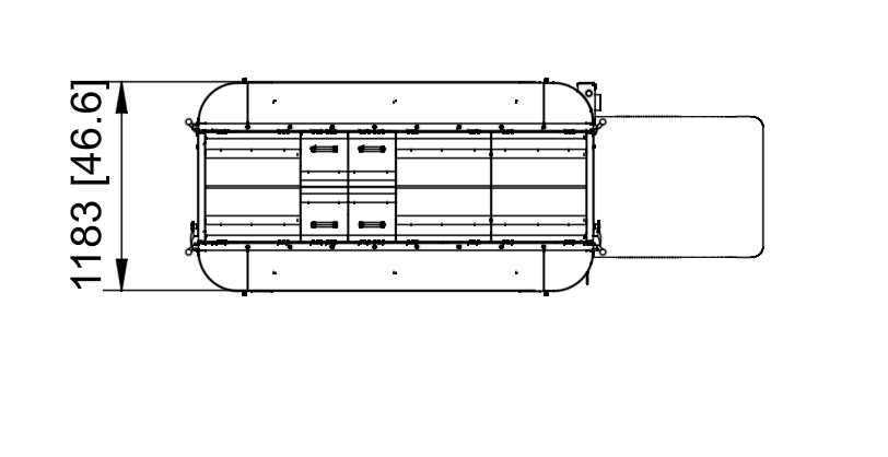 cycleWASH Pro top technical drawing &mdash; one ramp configuration, 1183 mm depth