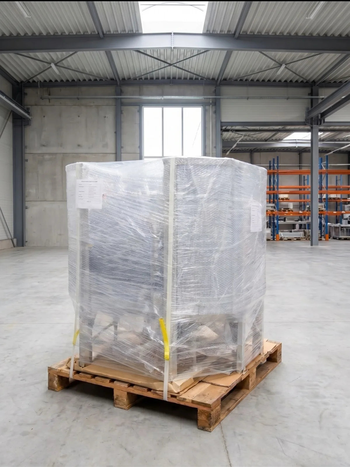A cycleWASH mini wrapped in film on its pallet, strapped and labelled in the works