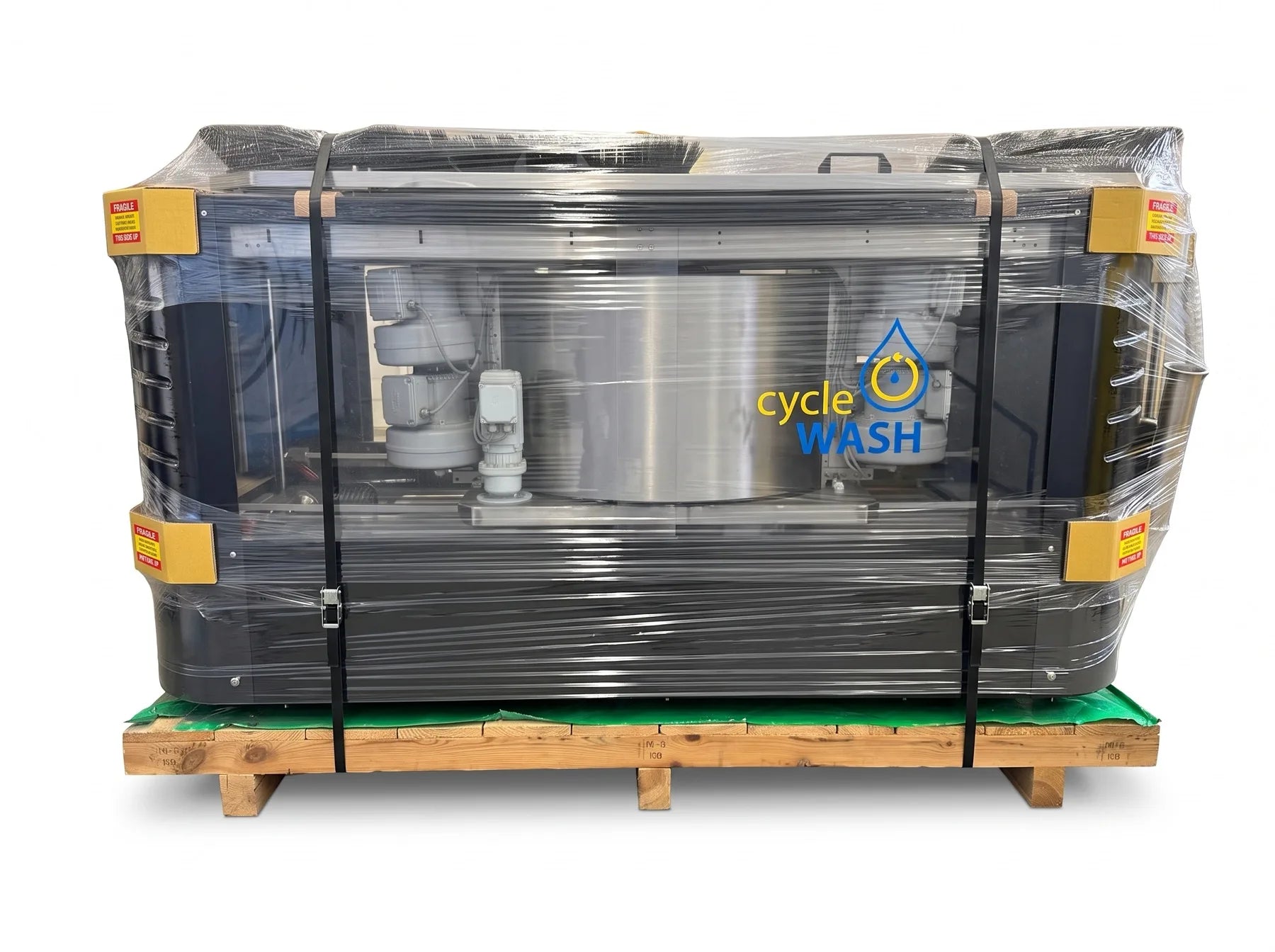 A cycleWASH Pro pallet-wrapped, strapped and labelled for freight