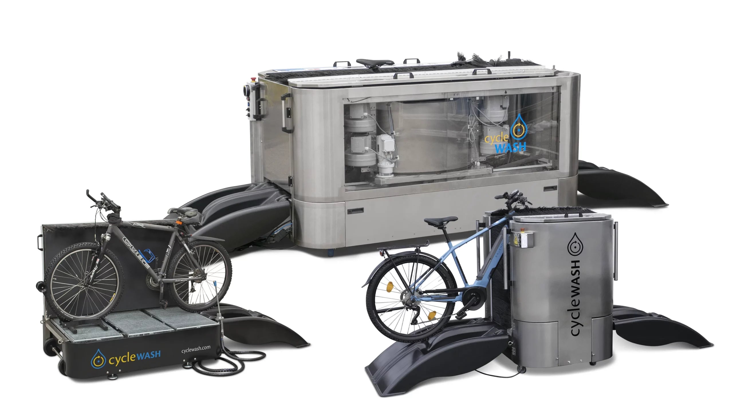 cycleWASH product range — Mini, Mini Basic and Pro bicycle washing systems